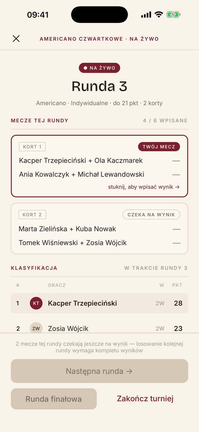 Ekran turnieju na żywo: korty, składy par i klasyfikacja