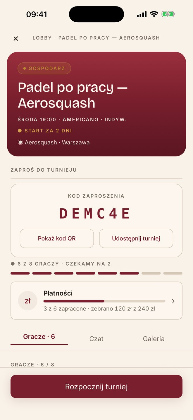 Poczekalnia turnieju z kodem QR i listą wpisowego